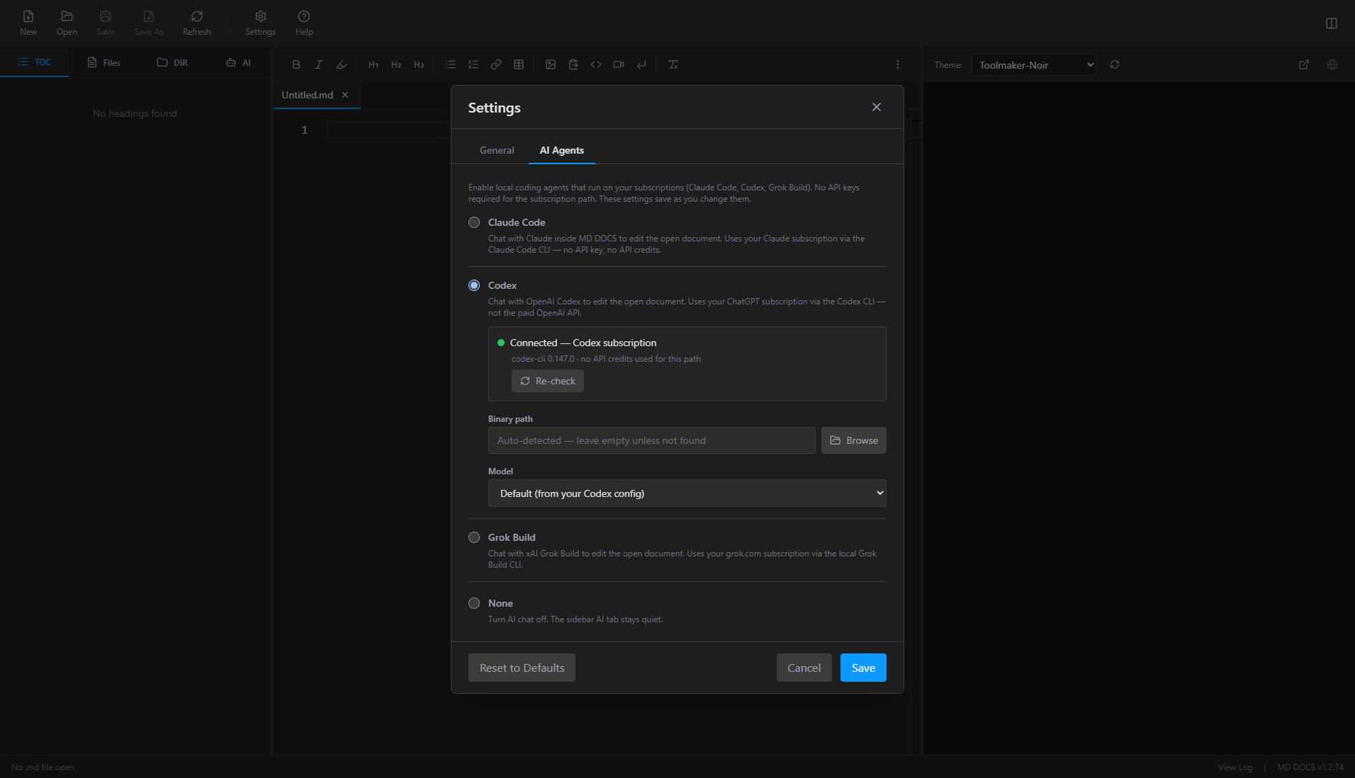 The AI Agents tab of Settings, connected to a Codex subscription