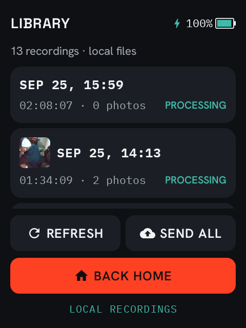 The library list: each recording's title, length and photo count, with a thumbnail of the first photo and a PROCESSING status, above REFRESH, SEND ALL and BACK HOME