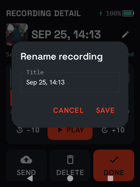 The Rename recording dialog with the Title field and CANCEL and SAVE