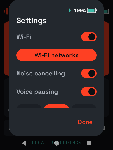 Settings with the Wi-Fi switch on, the Wi-Fi networks button, and the Noise cancelling and Voice pausing switches