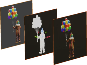 Clown-with-balloons character on alpha camera-facing planes