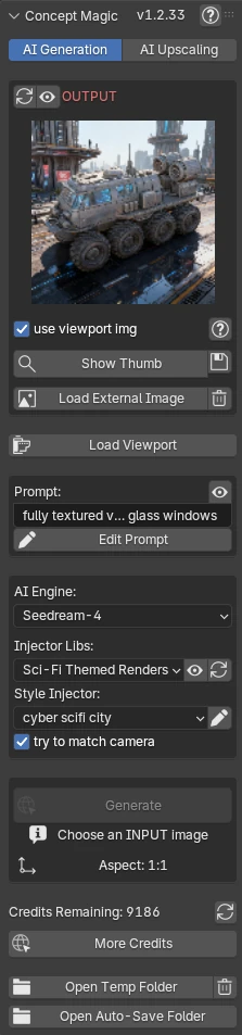 The Concept Magic N-panel in Blender's sidebar — style gallery, prompt, and generate controls