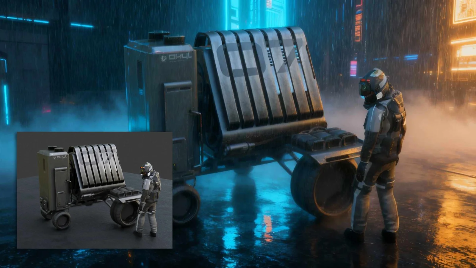 Sci-fi hauler and figure dropped into a rainy neon-lit street concept