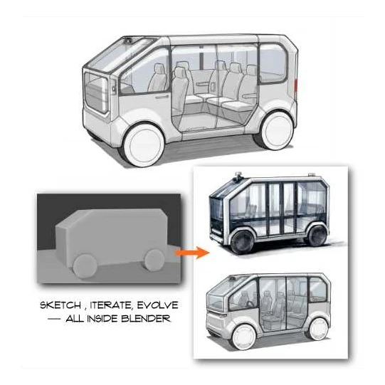 Vehicle concept iterations — sketch, iterate, evolve, all inside Blender