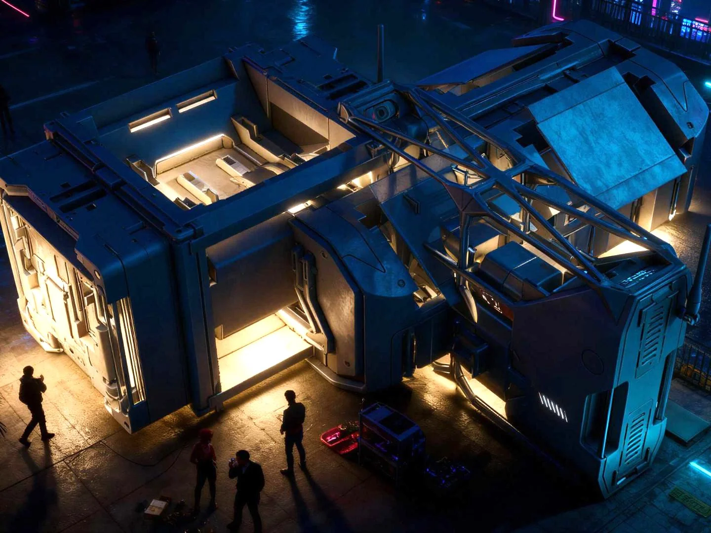 Same hauler as a finished cinematic night-lit concept render