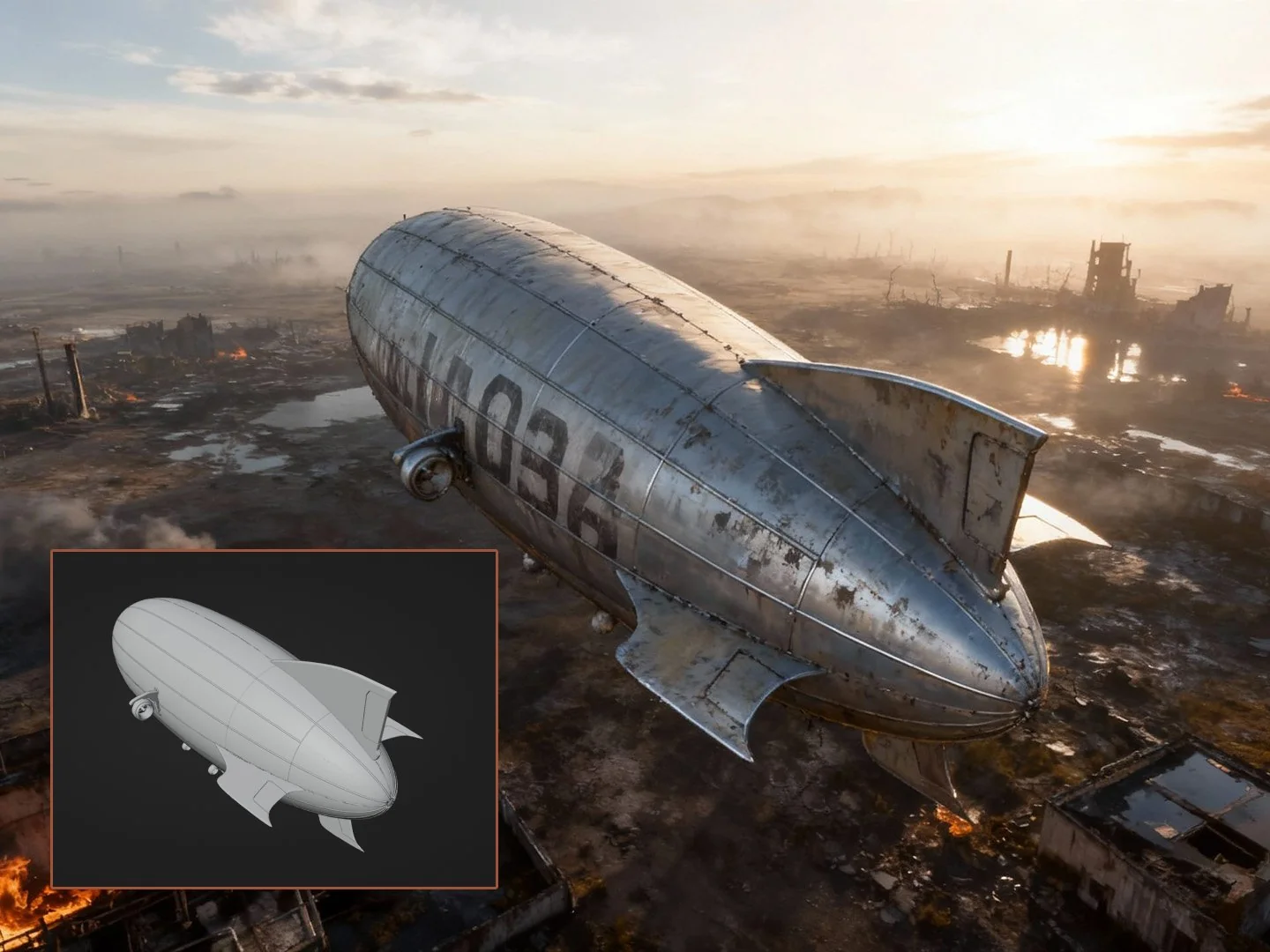 Weathered airship over a foggy post-apocalyptic wasteland, with the gray-box model inset