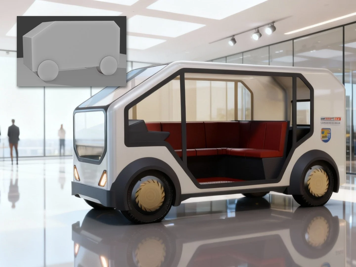 Concept microvan in a bright showroom, with the gray-box model inset