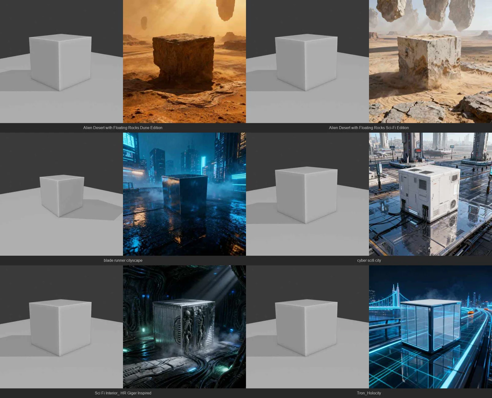 Style Injector previews — the same gray cube rendered in six different styles