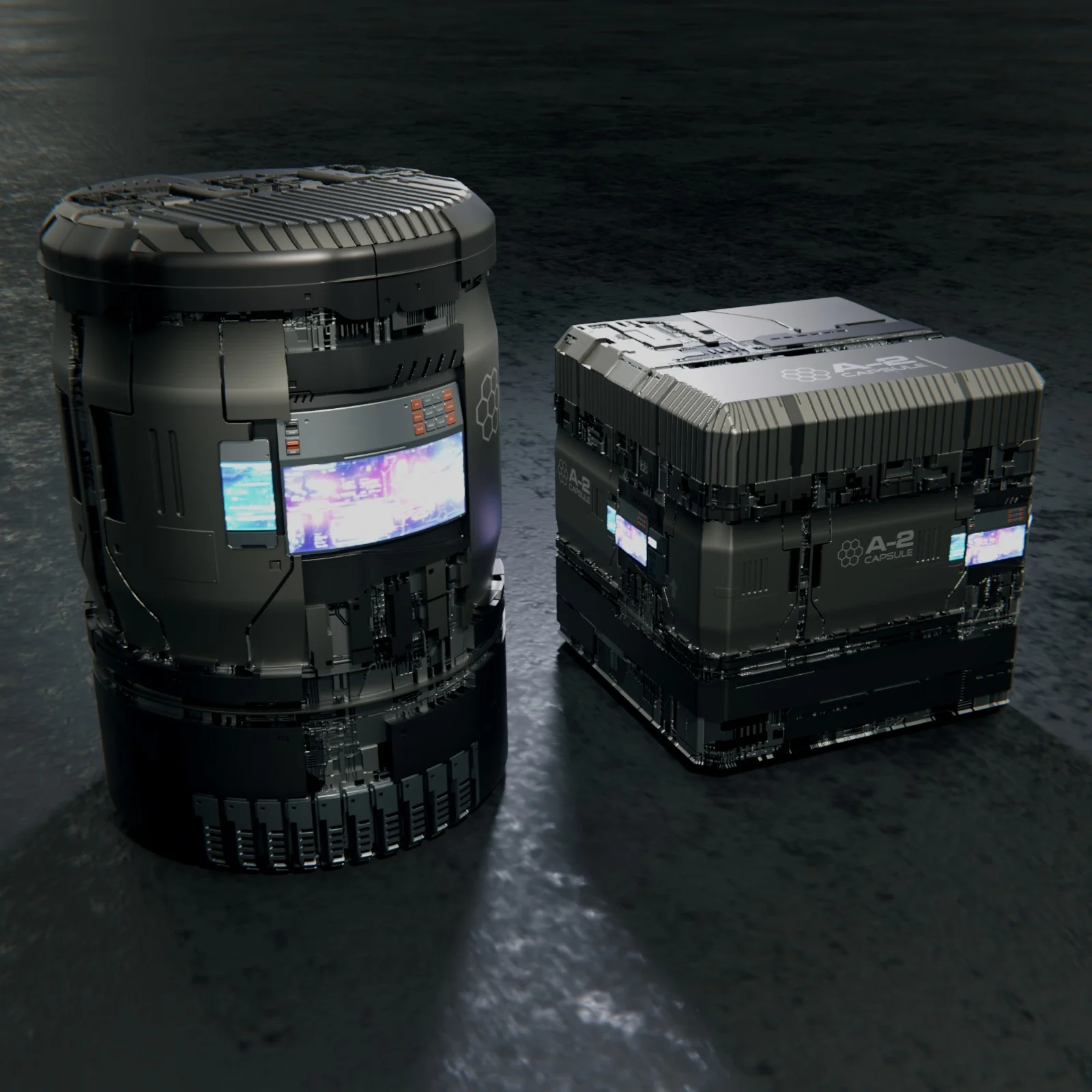 The same cylinder and cube with Flex 2 trim sheets applied — dense sci-fi capsules
