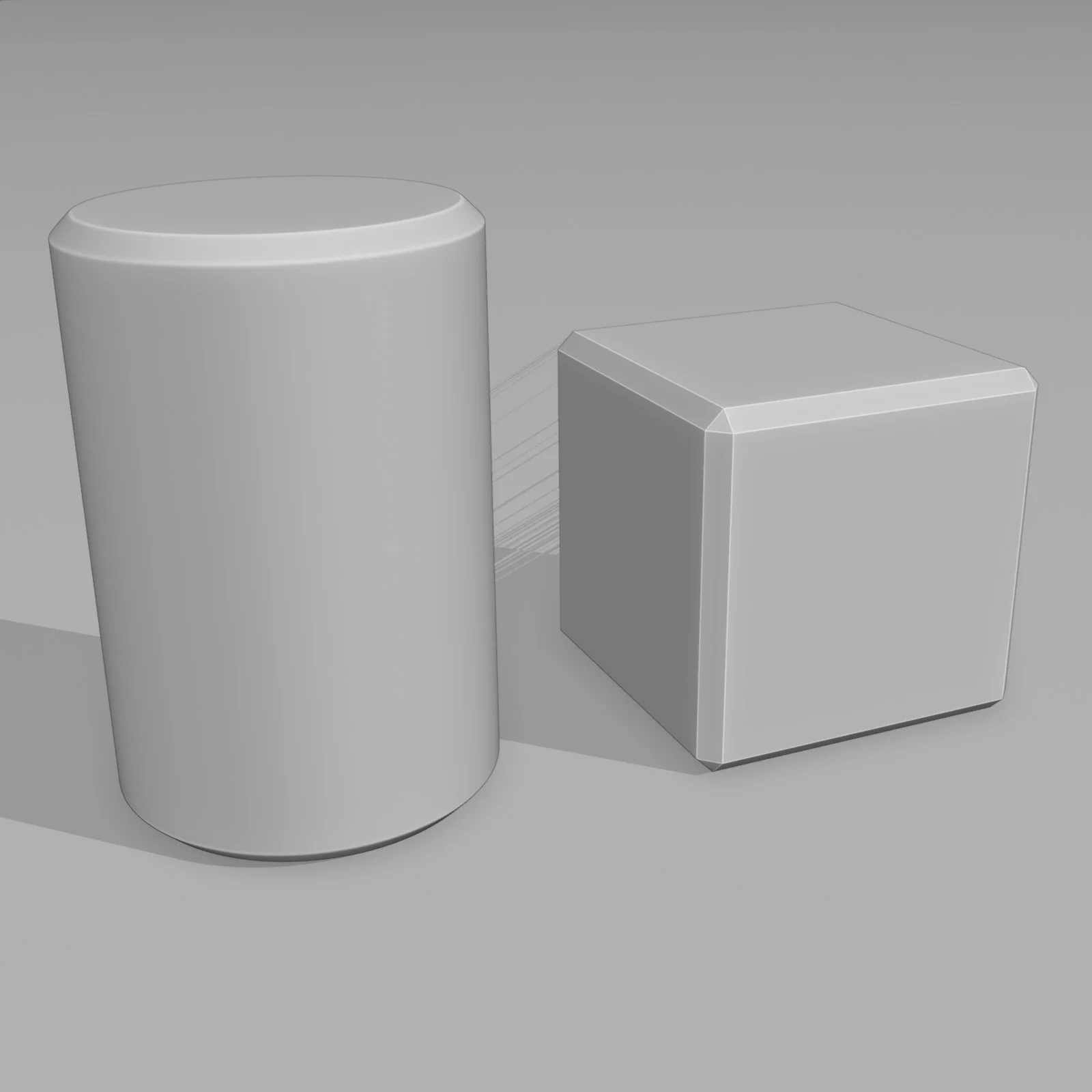 Basic grayscale forms — a plain cylinder and cube before trim sheets