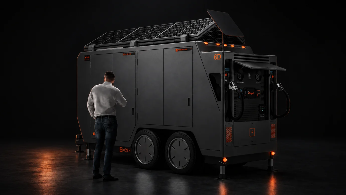 Propel mobile solar charging trailer — dark studio product render designed and detailed with KIT OPS