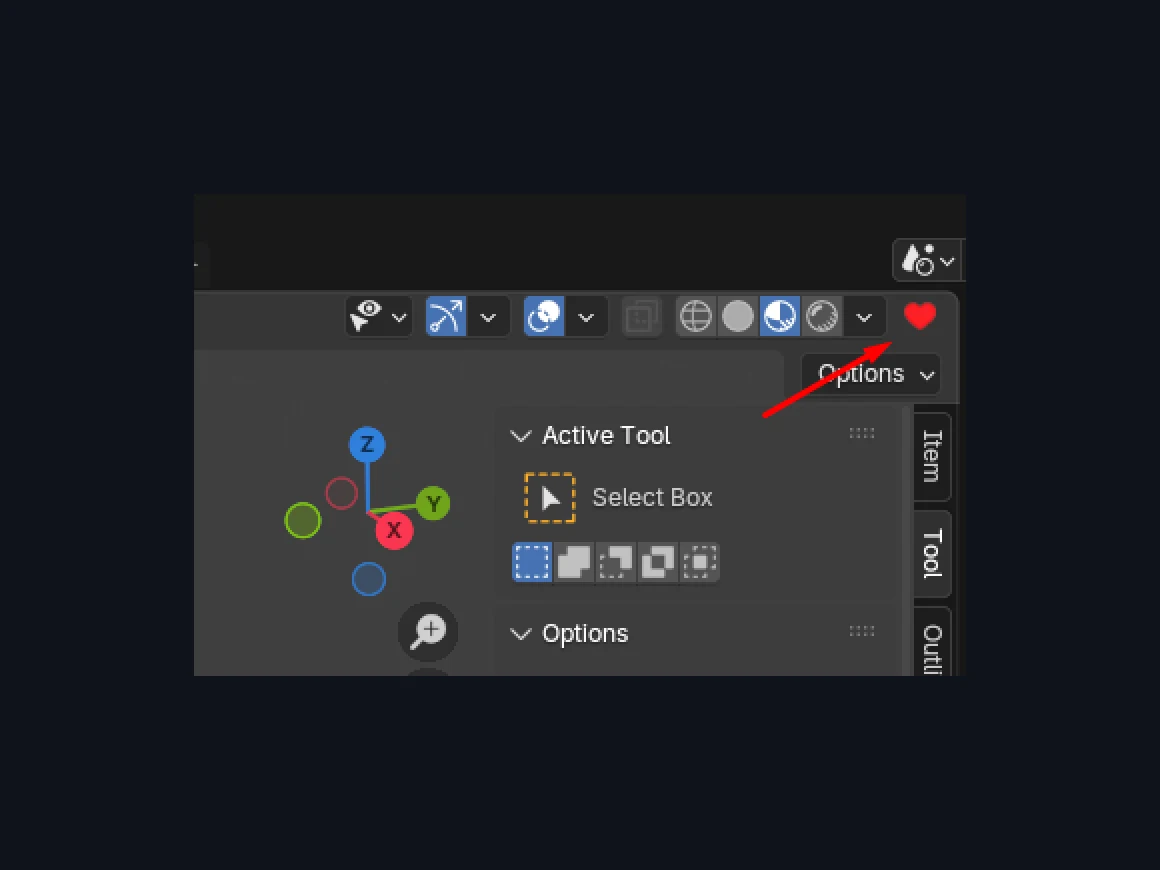 The Simple N-Panel heart button in the Blender 3D Viewport header