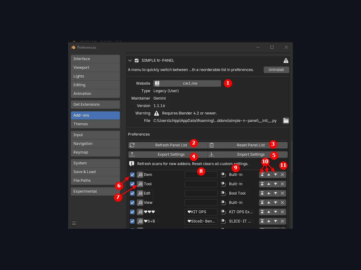 Simple N-Panel preferences — reorderable tab list with rename, hide, and export/import controls