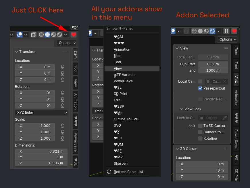Three steps — click the heart in the viewport header, every add-on tab lists in the menu, pick one and the sidebar jumps to it