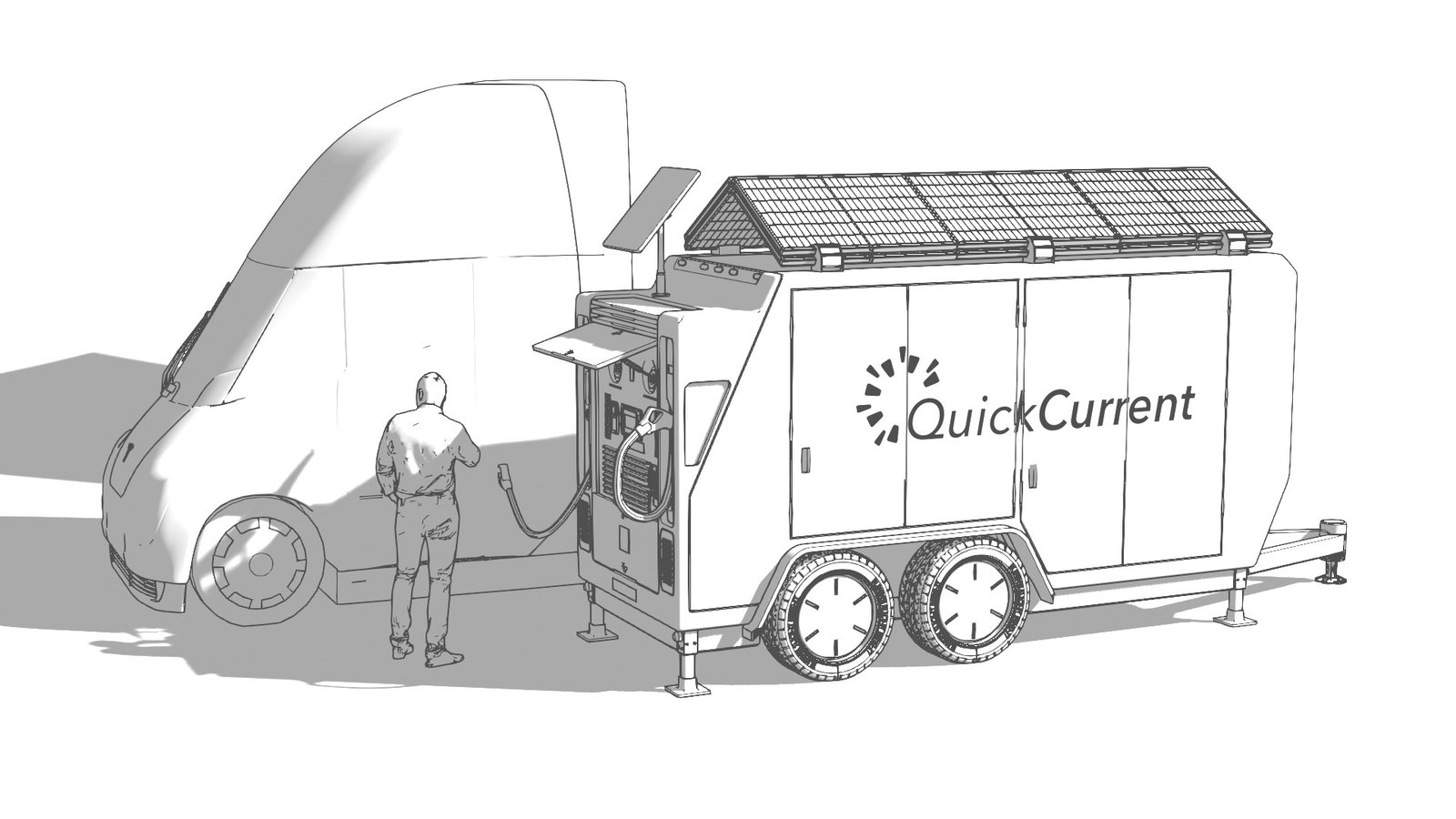 QuickCurrent solar charging truck rendered with the Sketch Style preset — soft pencil shading with a cast shadow