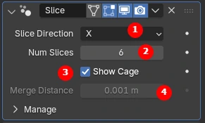 The Slice modifier panel in Blender — slice direction, number of slices, show cage, and merge distance